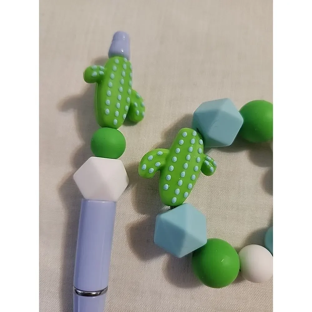 Bead Pen & Cup Charm Matching Combo Blue & Light Green Cactus Silicone